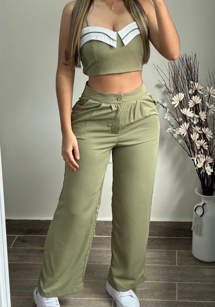 Women Contrast Color Patchwork Top and Pant Casual Two-Piece Set