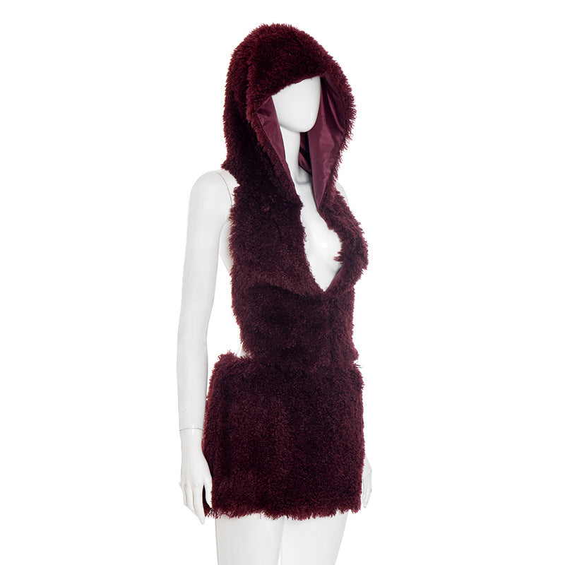 Women's Faux Fur U-Neck Hooded Low Back Top & Skirt Two-Piece Set 5