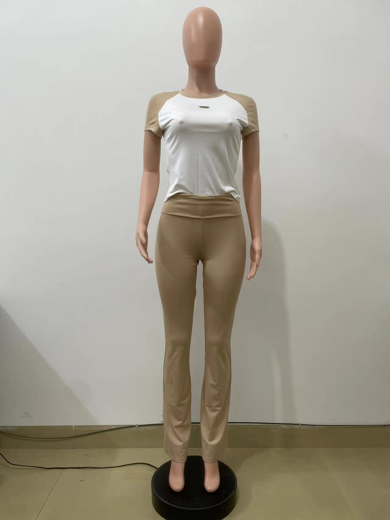 Women's Spring Summer Color Matching Sports Dance Fitness Yoga Short-Sleeved Two-Piece Pants Set 12