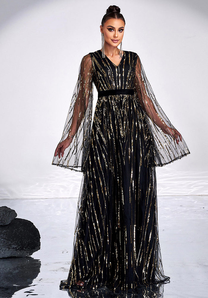 Women V-Neck Long Sleeve Sequin Formal Party Evening Dress