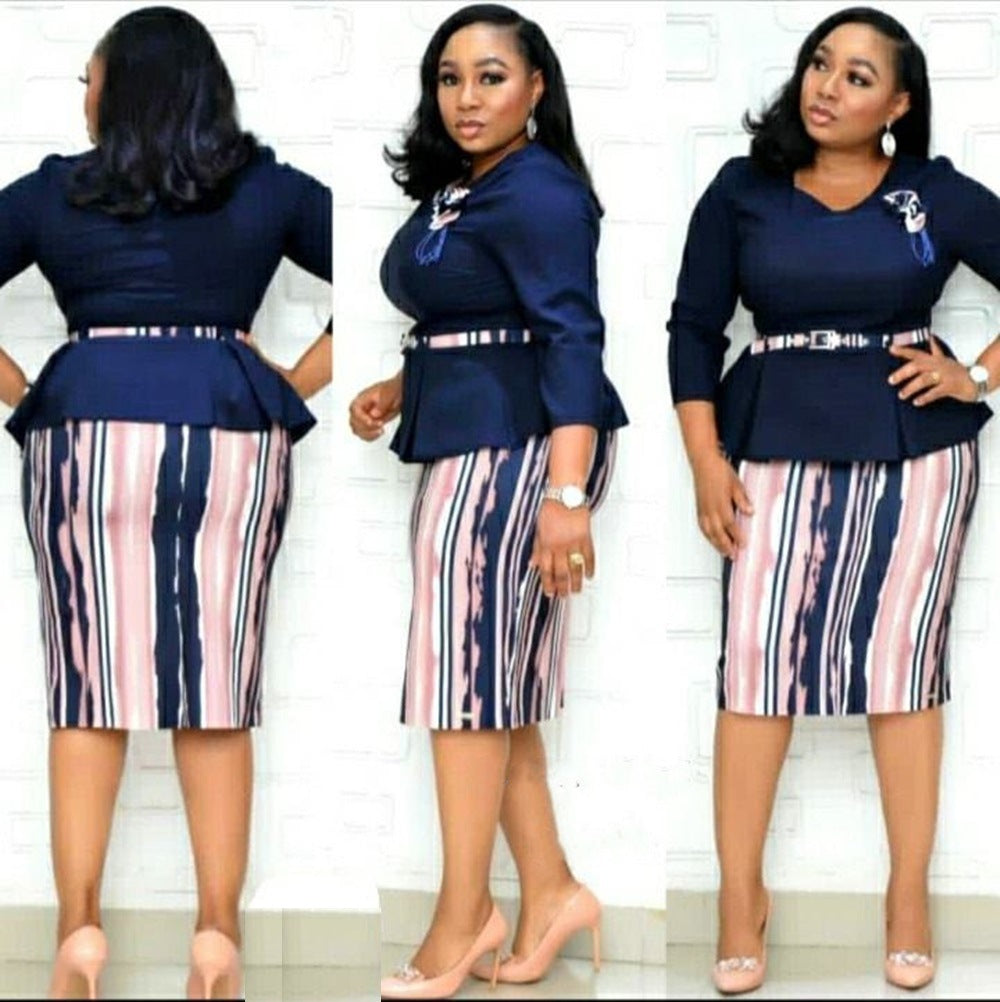 Africa Plus Size Women's Round Neck 3 Quarter Sleeve Contrast Print Dress 5