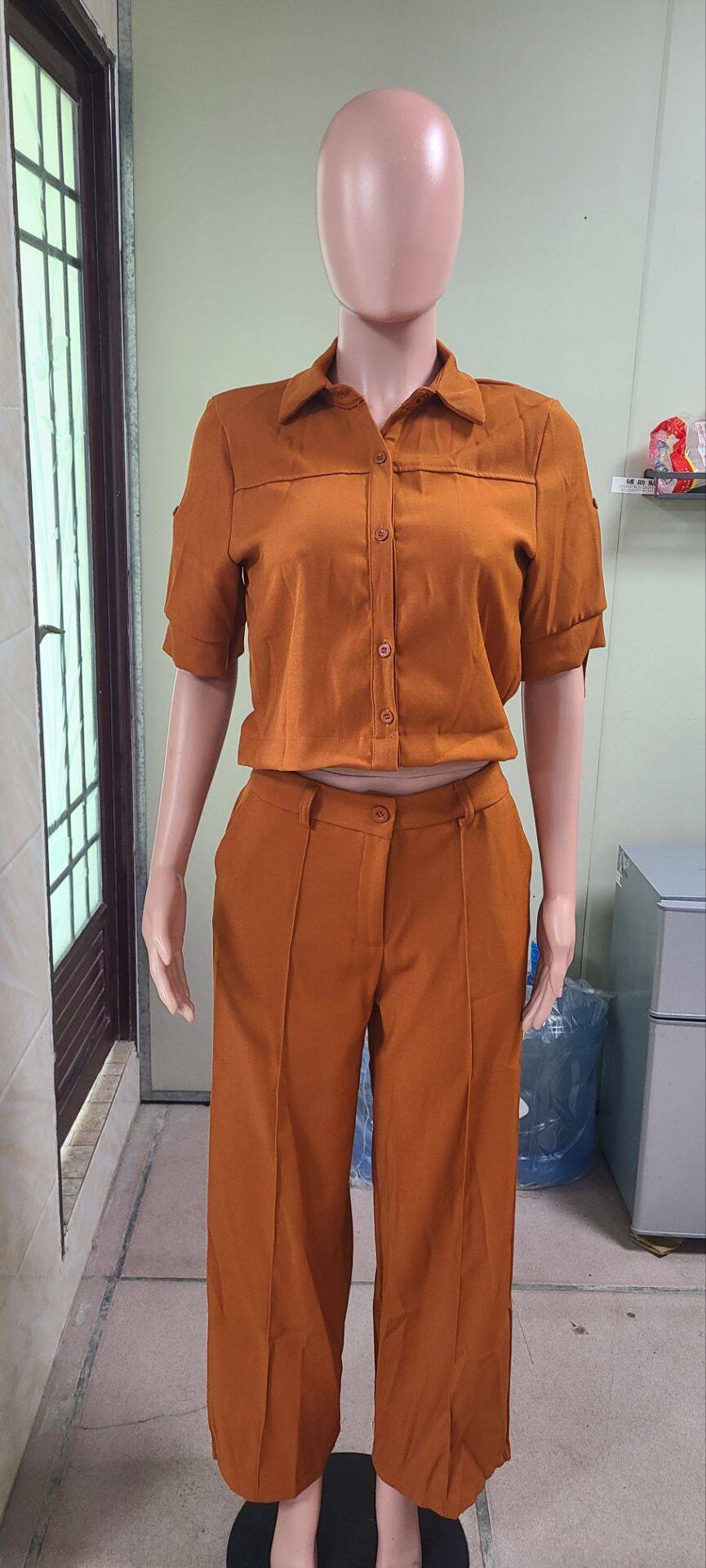 Shirt Turndown Collar Trendy Short Sleeve Shirt Top Straight Wide-Leg Trousers Career Two-Piece Set 8
