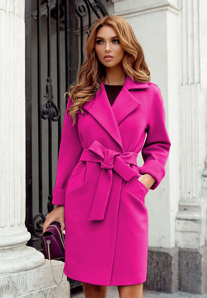 Women Belt Turndown Collar Coat 11