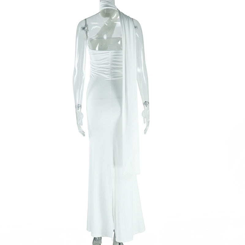 Women Sexy Backless Solid Halter Neck Slit Dress 15