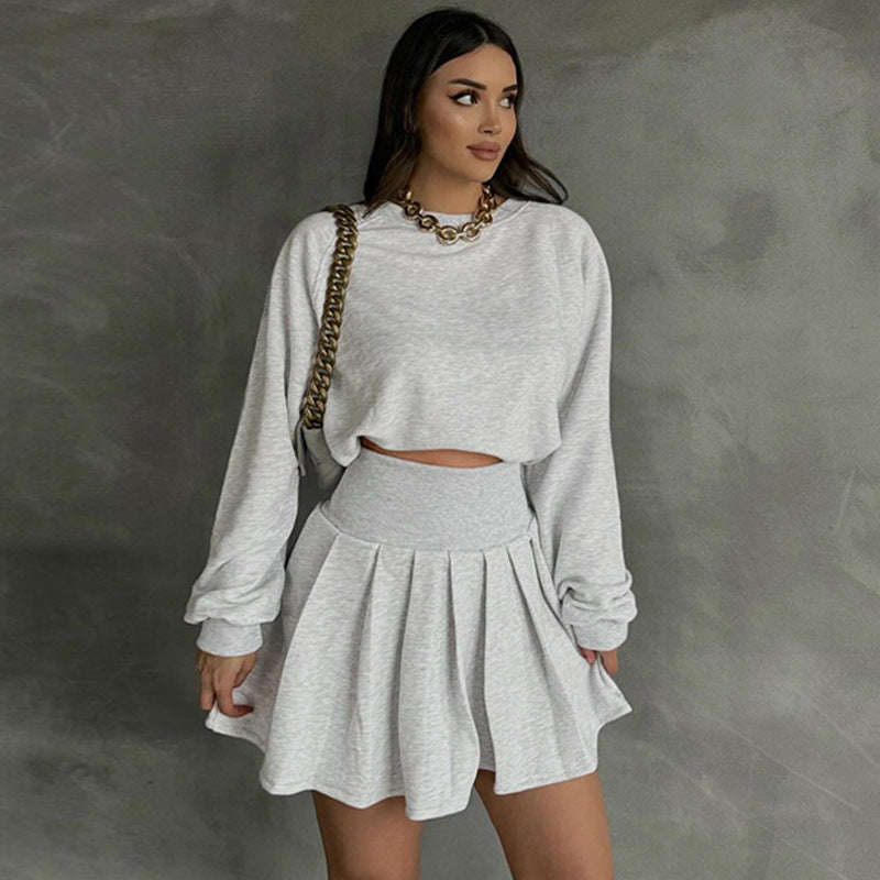 Autumn And Winter Solid Color Long-Sleeved Top Pleated Skirt Fashionable Casual Two-Piece Set