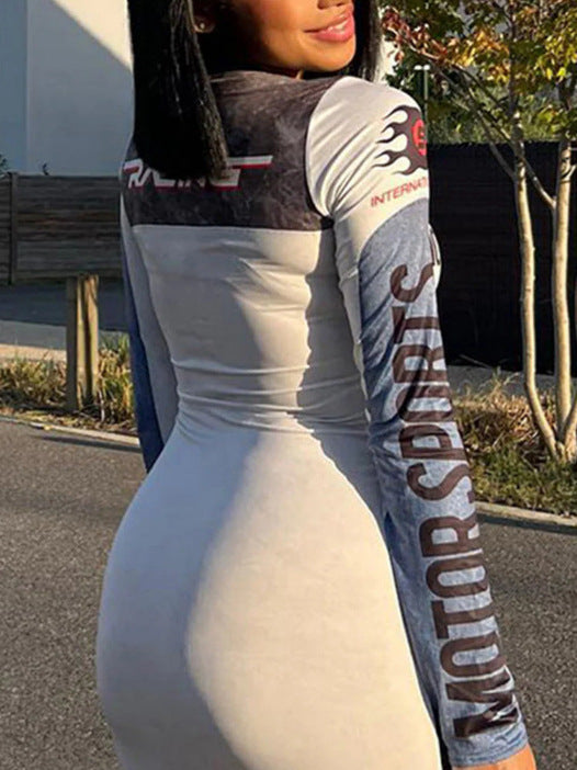 Women's Fashion Casual Sports Print Long Sleeve Round Neck Sexy Bodycon Dress 5