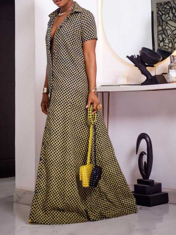 Plus Size Loose Turndown Collar Button Short Sleeve Printed Shirt Dress 4