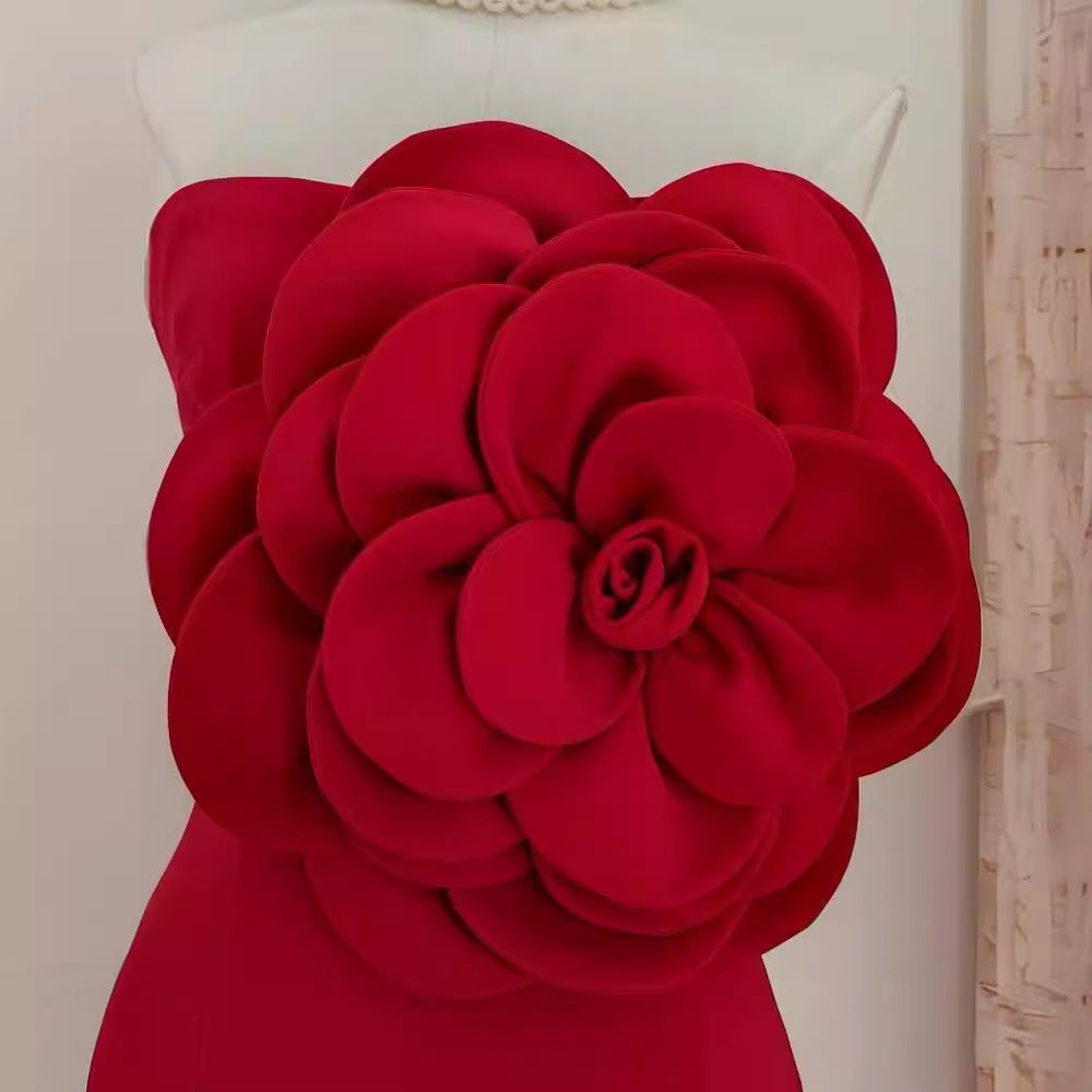 Sexy Red Strapless Chic Flower Decorative Dress 5
