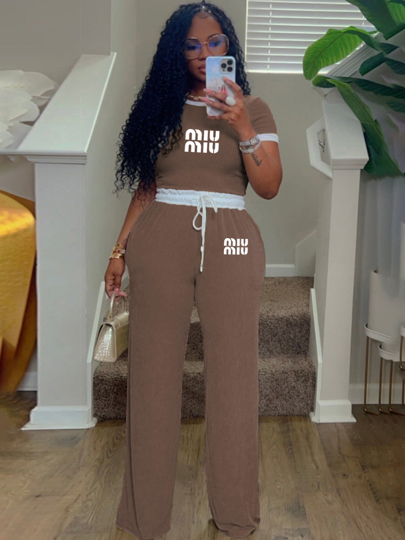 Women casual street contrast color printing Round Neck short-sleeved Top and Pant two-piece set 11