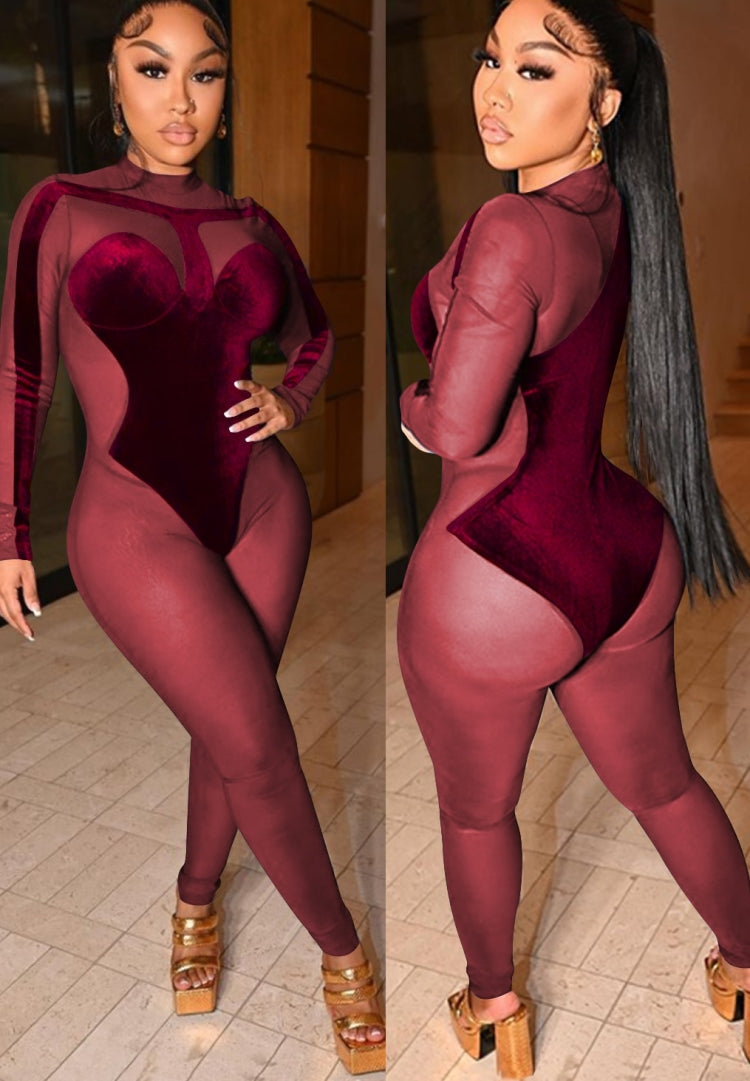 Women Spring Burgunry Velvet Patch Sexy Mesh Tight Fitting Party Jumpsuit