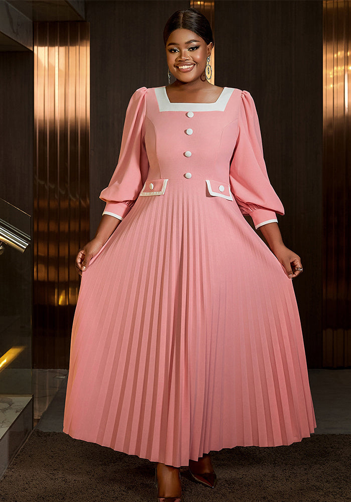 Women Square Neck Lantern Sleeve Formal Party High Waist Pleated Dress