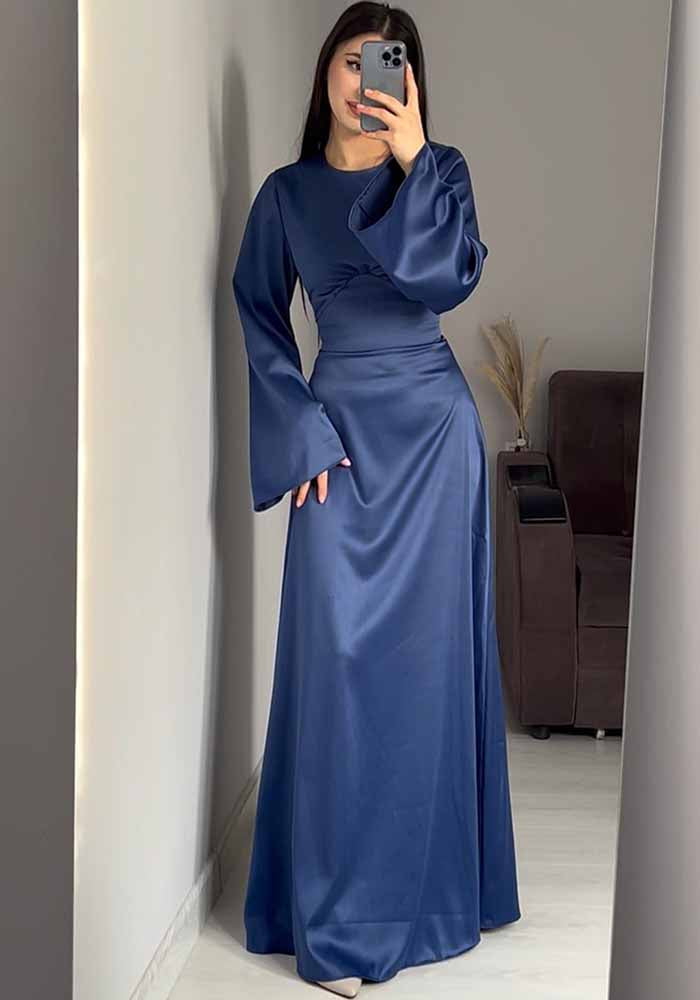 Women Lace-Up Solid Long Sleeve Maxi Dress