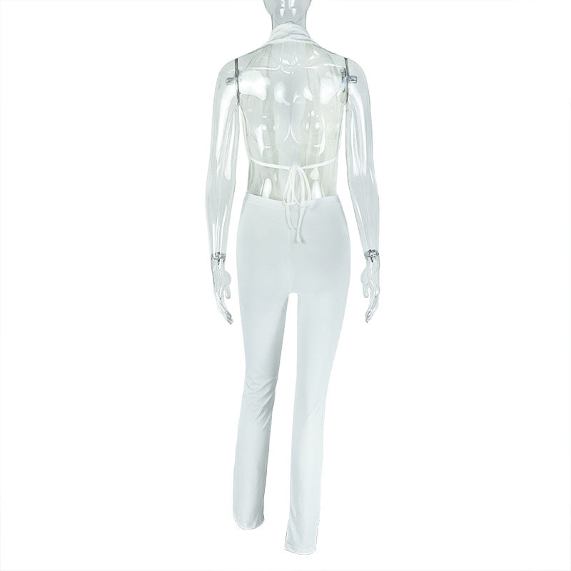 Fashion Halter-Neck Solid Color Low-Back Tight-Fitting Two-Piece Pants Set 8