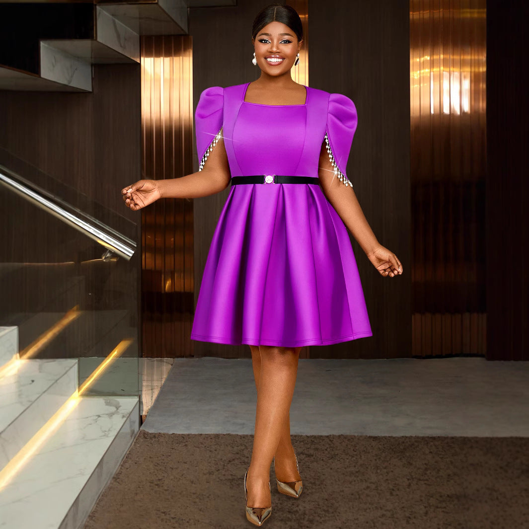 Square neck beaded sleeve high waist a-line Formal Party cocktail Plus Size dress 4