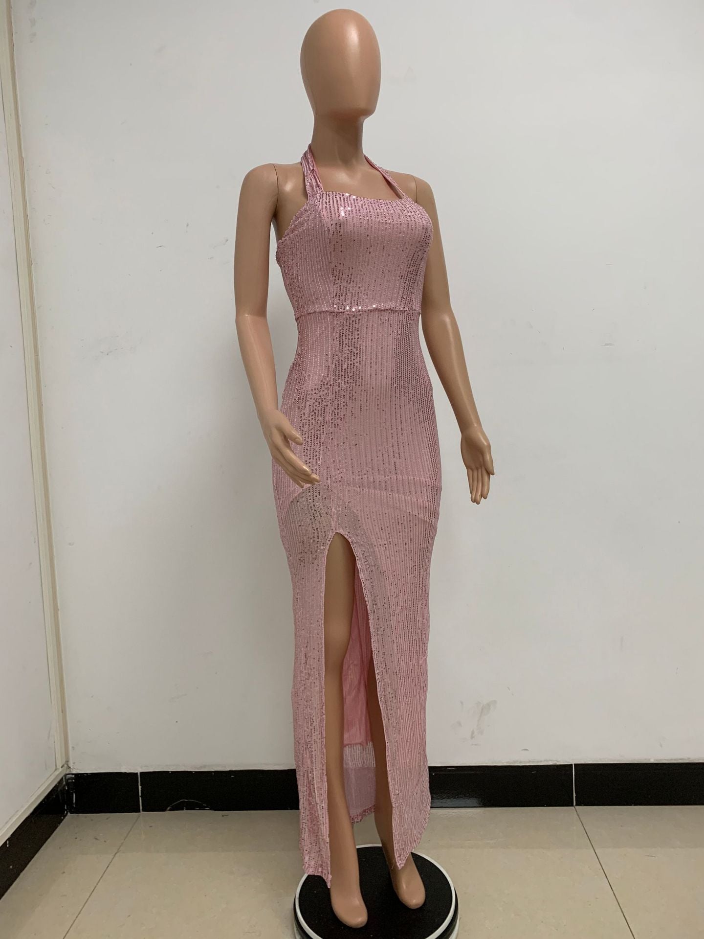 Women Sleeveless Halter Neck Backless Sequin Slit Evening Dress 83