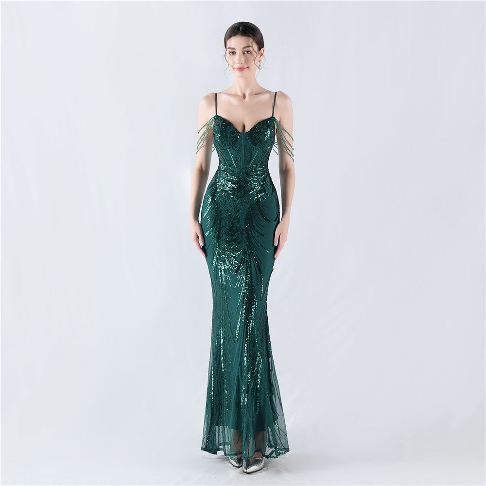 Fishbone Slim Waist Sexy Rhinestone Chain Strap Evening Dress 15