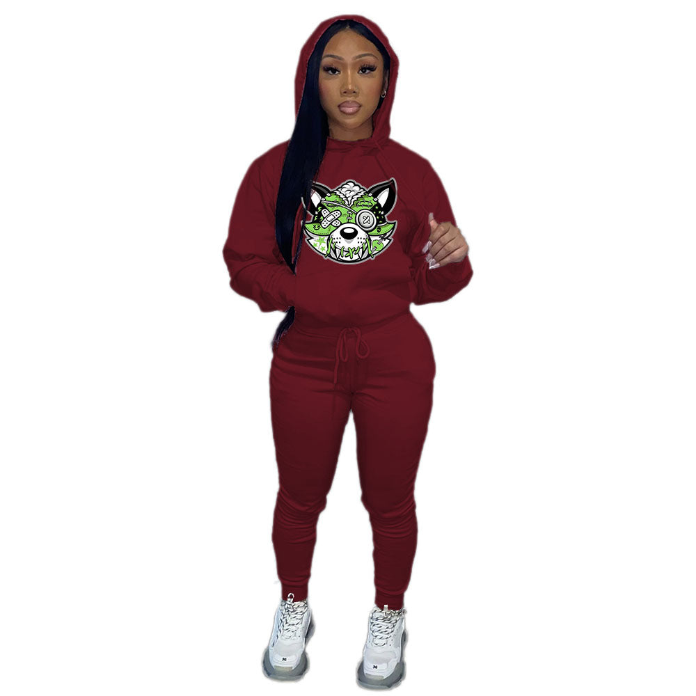 Fall/Winter Plus Size Women'S Print Casual Hooded Two Piece Pants Set Tracksuit 5