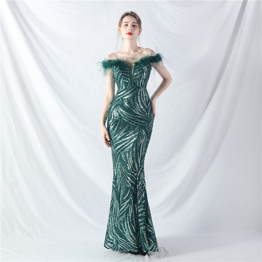 Elegant feather off shoulder sequin Fishtail Plus Size Formal Party Evening Dress 5