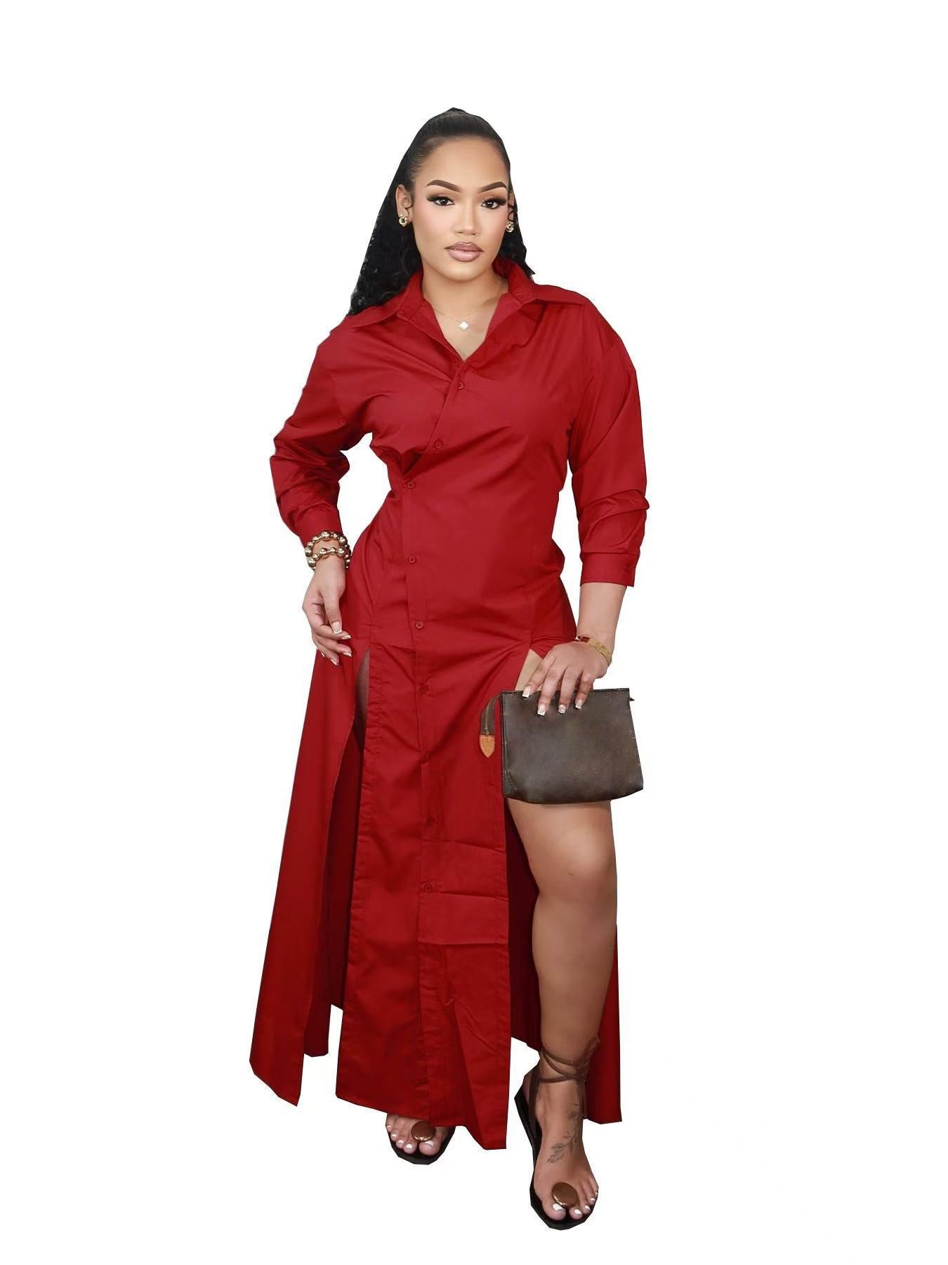 Women Fall/Winter V-Neck Slit Shirt Dress 6