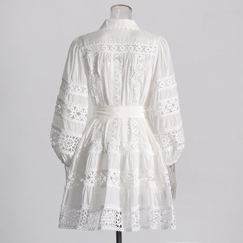 Women's Summer Chic Long Sleeve Hollow Belt Slim Waist Short Dress 12