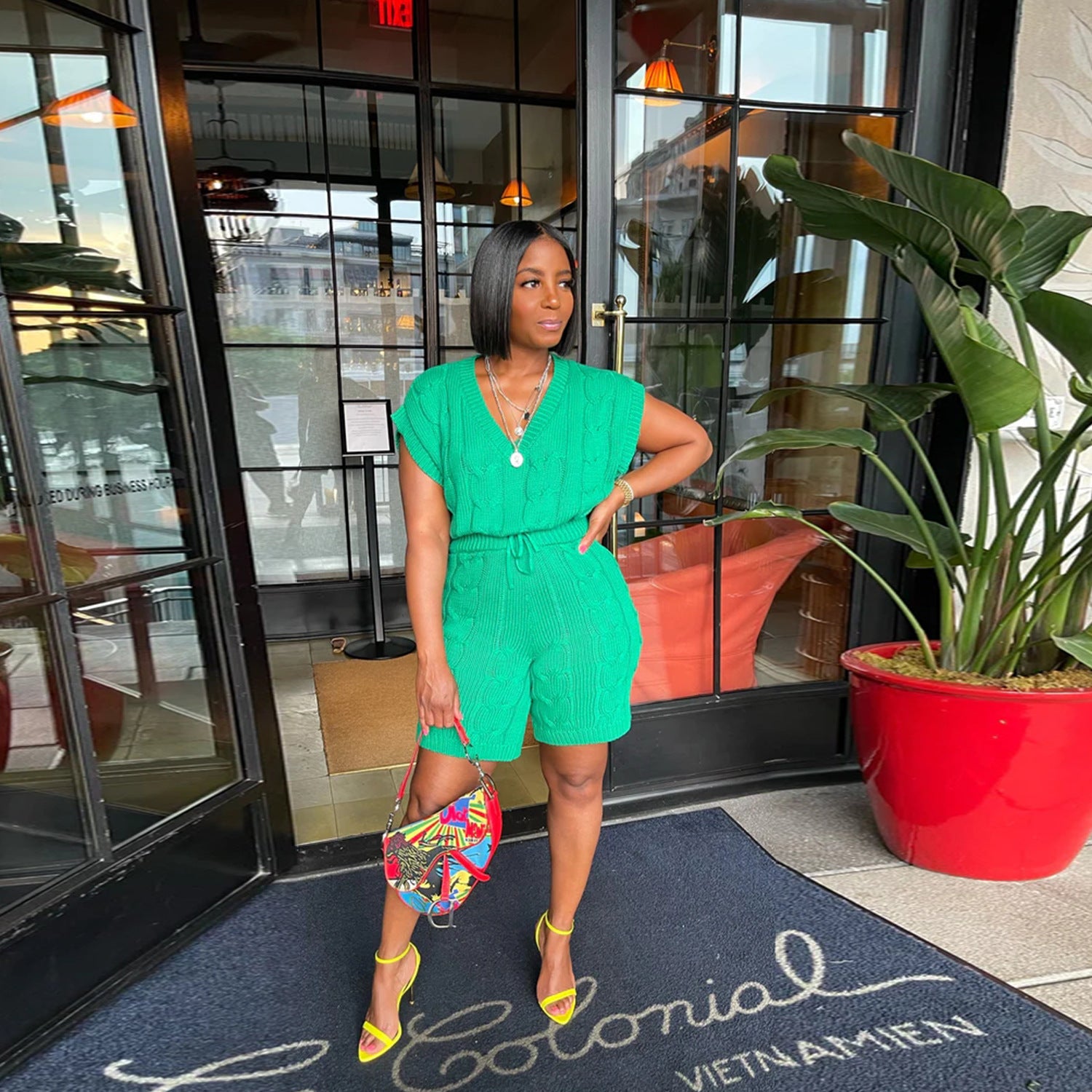 Sexy Solid Deep V Neck Sleeveless Loose Sweater Slim Shorts Two Piece Set 9