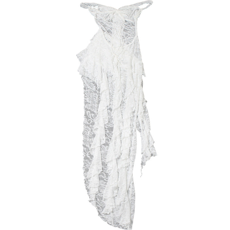 Summer Women's Sexy Lace See-Through Irregular Strapless Dress 16