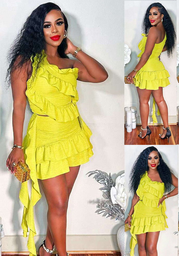 Women summer dress fringe ruffled shoulder Slash Shoulder Top and skirt two-piece set 5