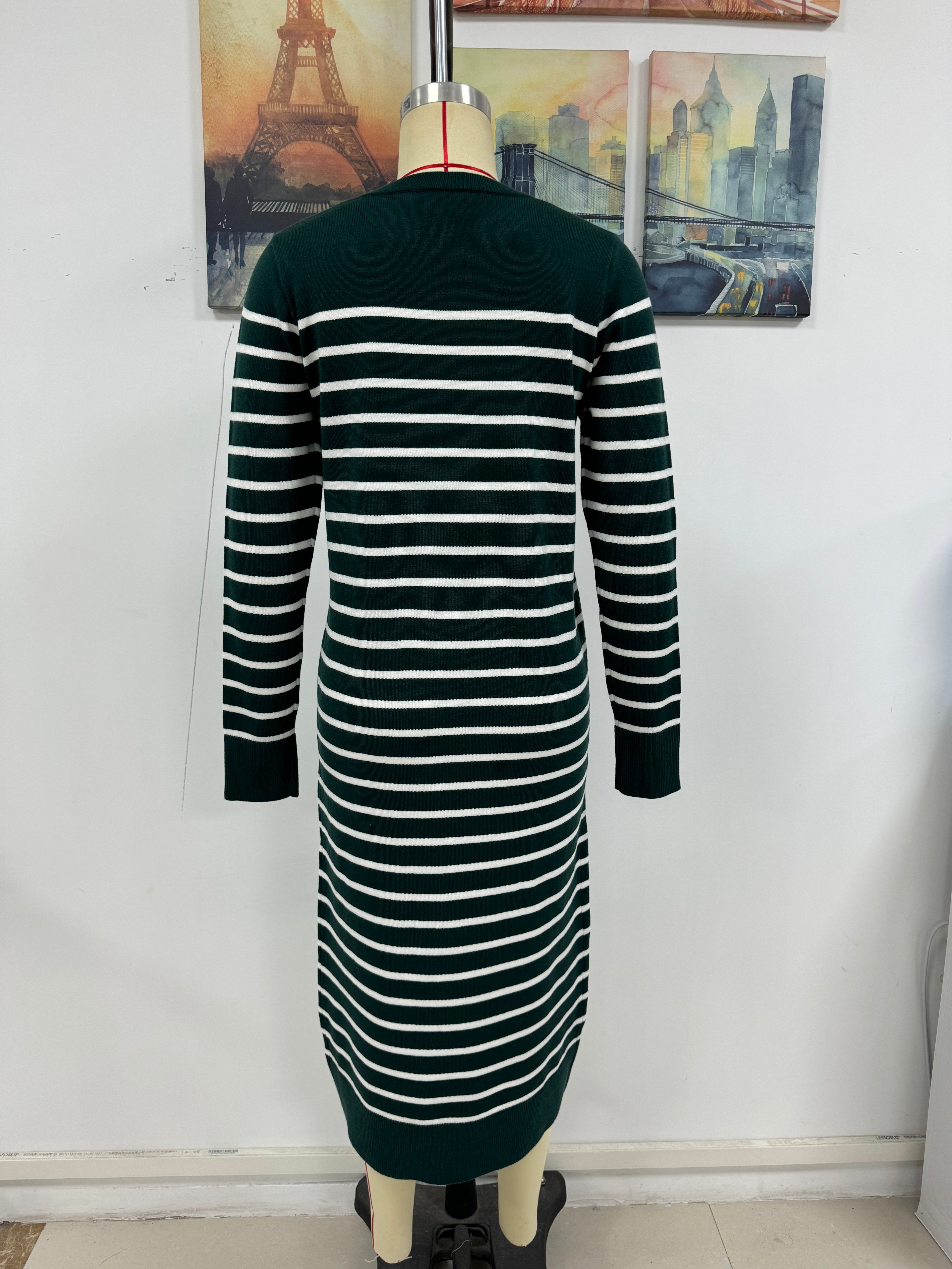Fashion Autumn Winter Women Knitting Striped Casual Long Dress 9