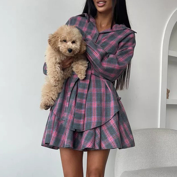 Women's Casual Plaid Turndown Collar Shirt Skirt Set 6