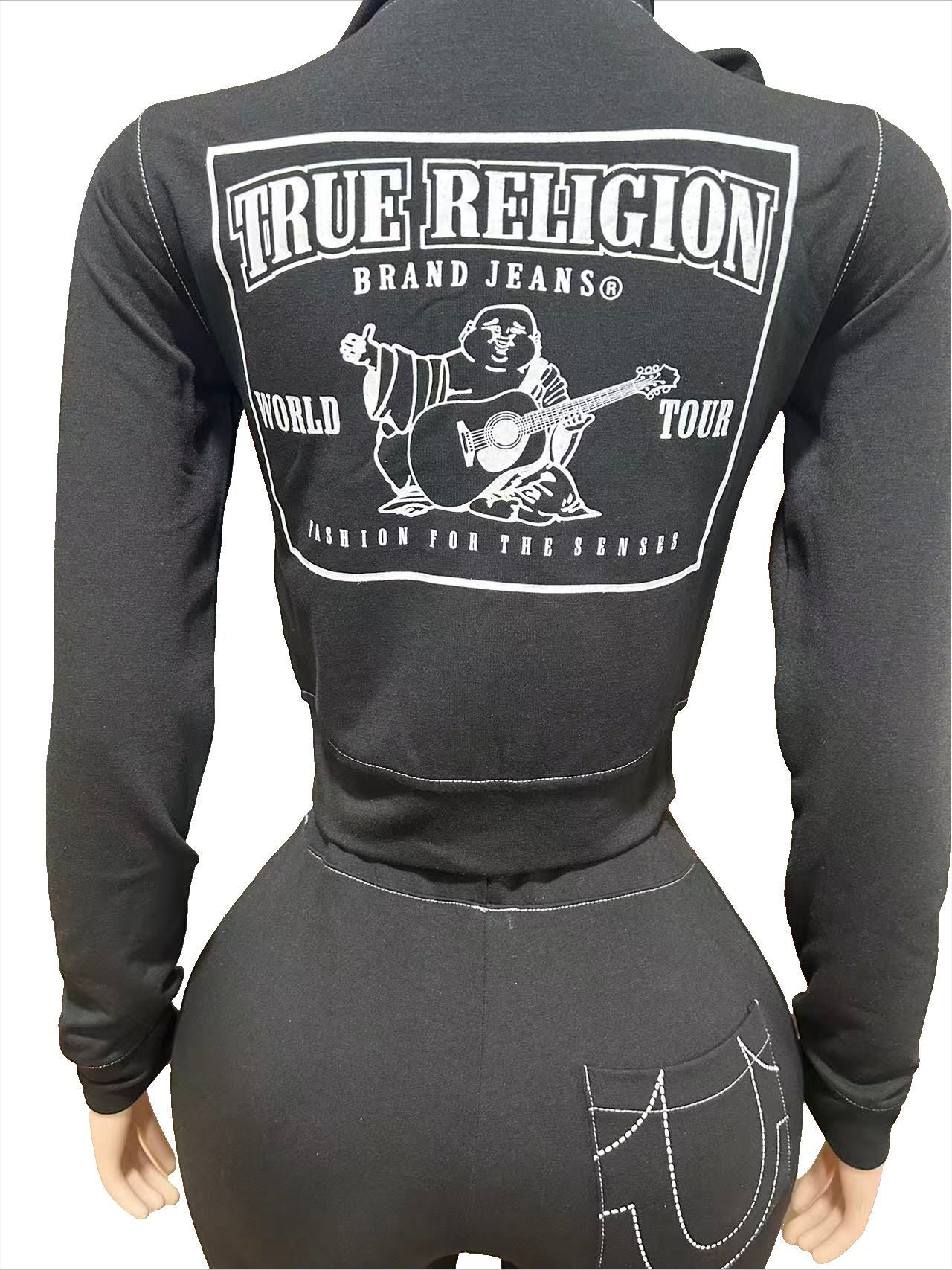 Women American Zippered Letter Print Hoodies and Pant Two-Piece Set 14