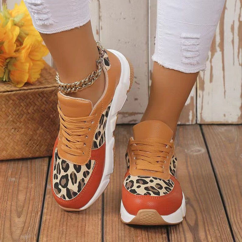 Women's Autumn And Winter Thick Bottom Round Toe Lace Leopard Print Casual Shoes Plus Size Sports Shoes 9