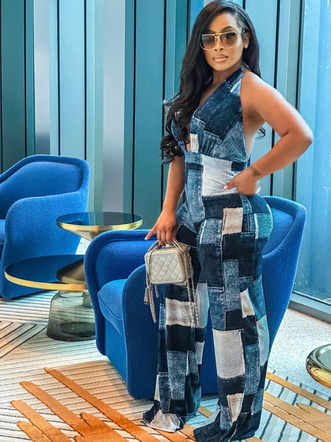 Women's Autumn And Winter Denim Contrast Color Halter Neck Fashion Loose Plus Size Jumpsuit 5