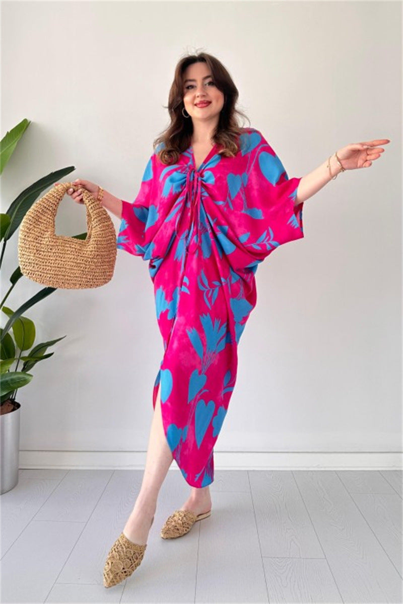 Fashion Printed Bat Sleeves V-Neck Drawstring Irregular Loose Dress 3
