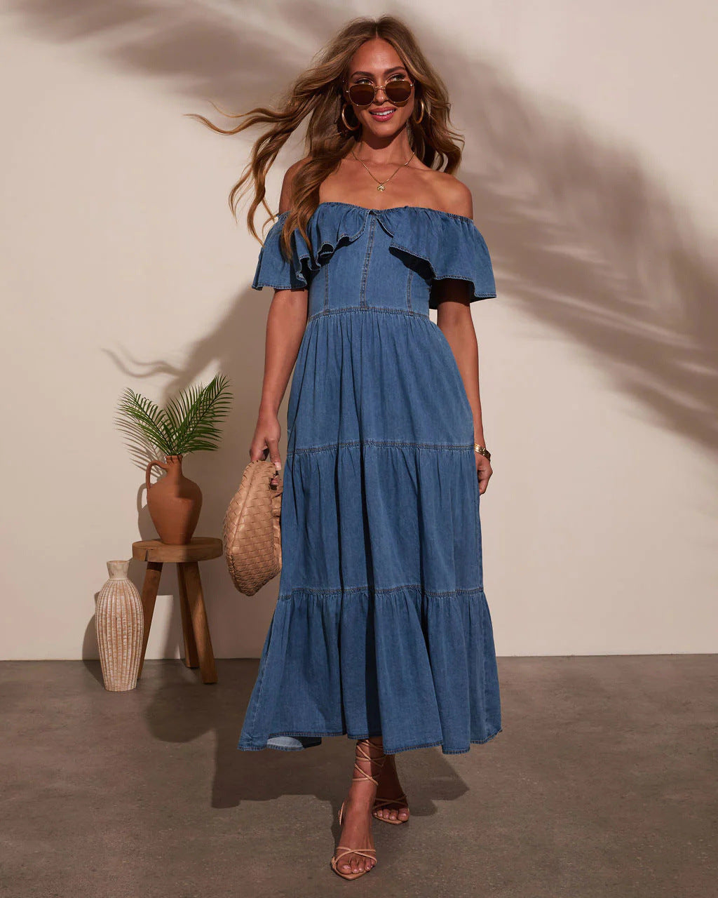 Women Round Neck Ruffle Denim Dress