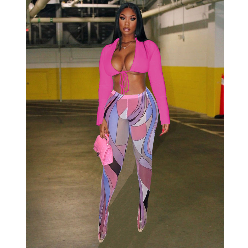 Sexy Solid Color Lace-Up Top Printed Tight slim pants two piece set 4
