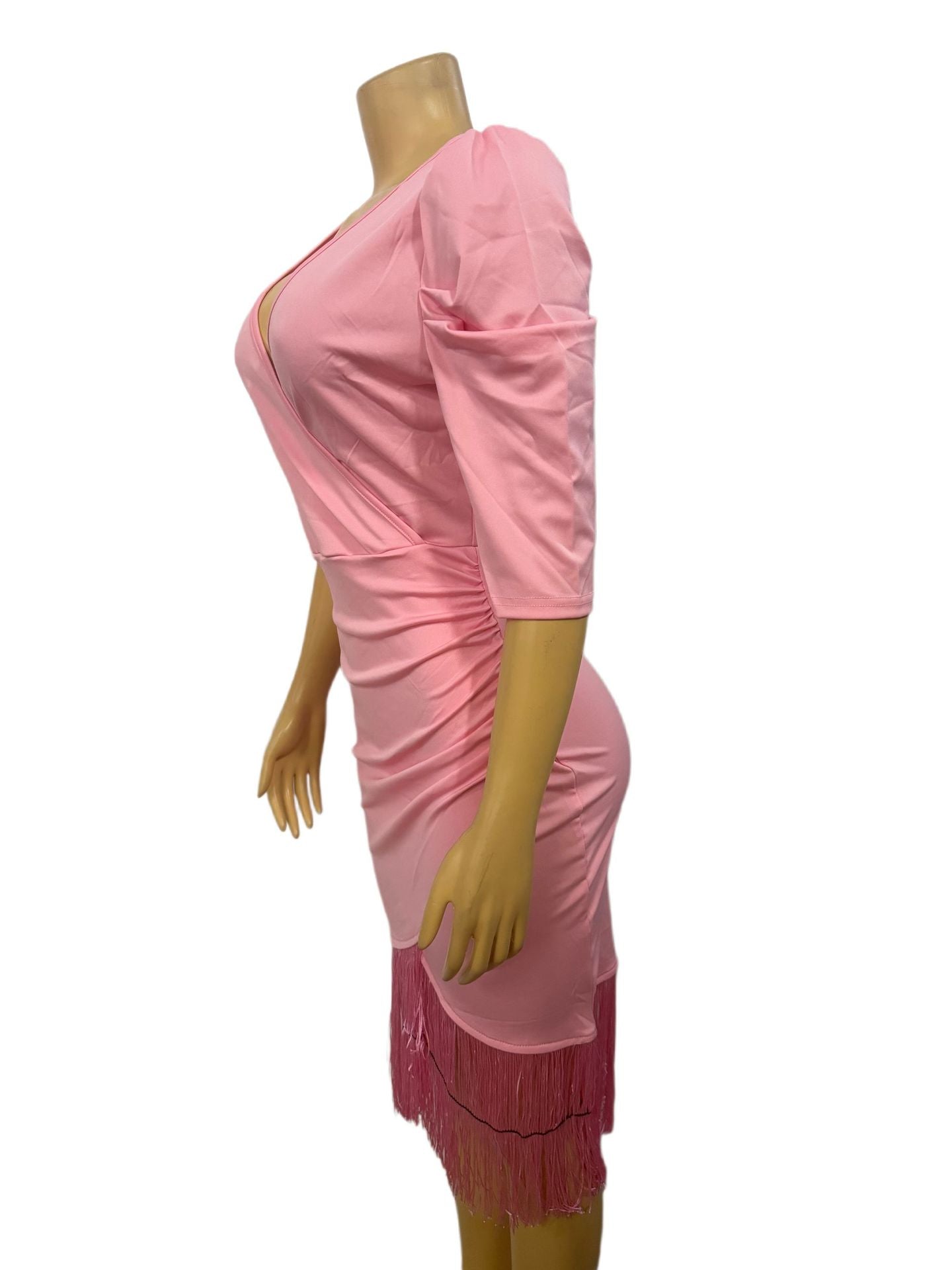 Women solid tassel v-neck sexy bodycon irregular dress 7