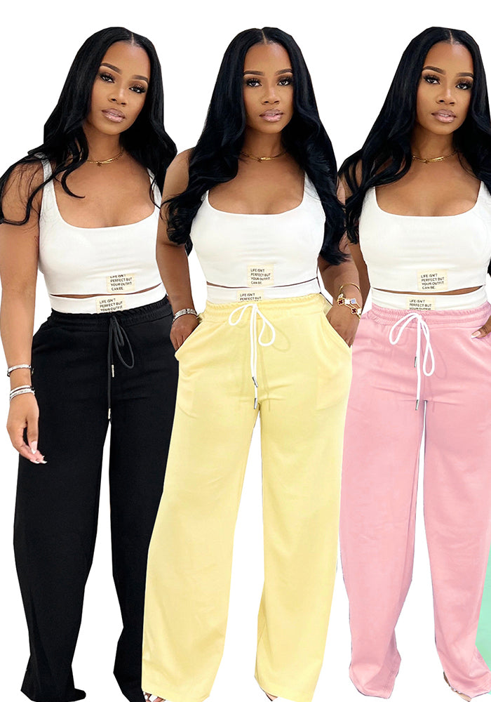 Women Sports Tank Top and Drawstring Wide-leg Pants Two-piece Set