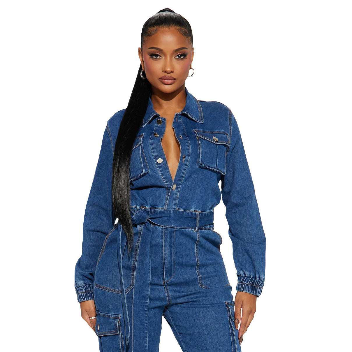 Stylish Street Style Slim Waist Tight Fitting Multi-Pocket Elastic Waist Denim Cargo Jumpsuit 4