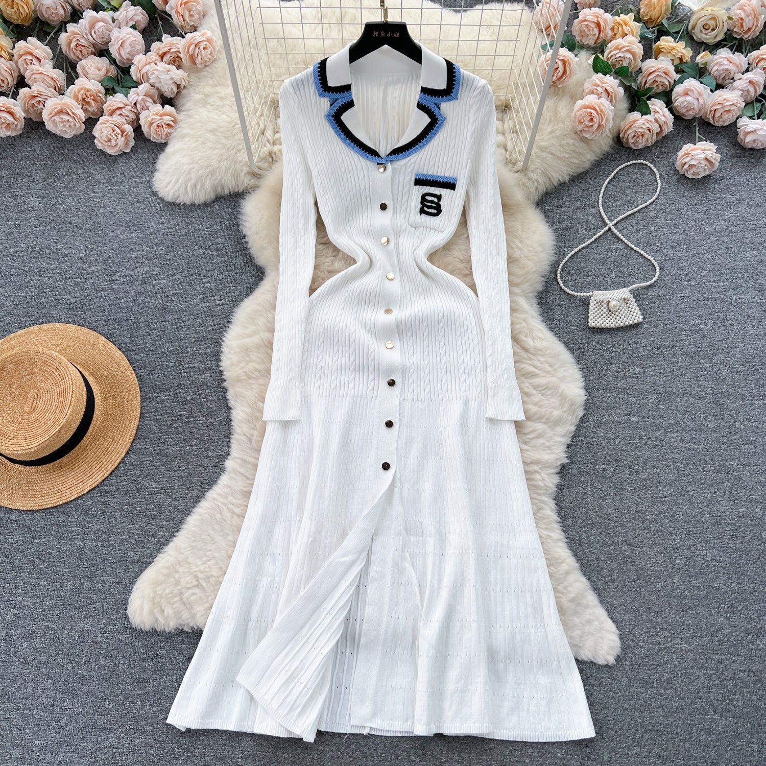 Women Knitting Autumn and Winter Contrast Embroidery Sweater Dress 11