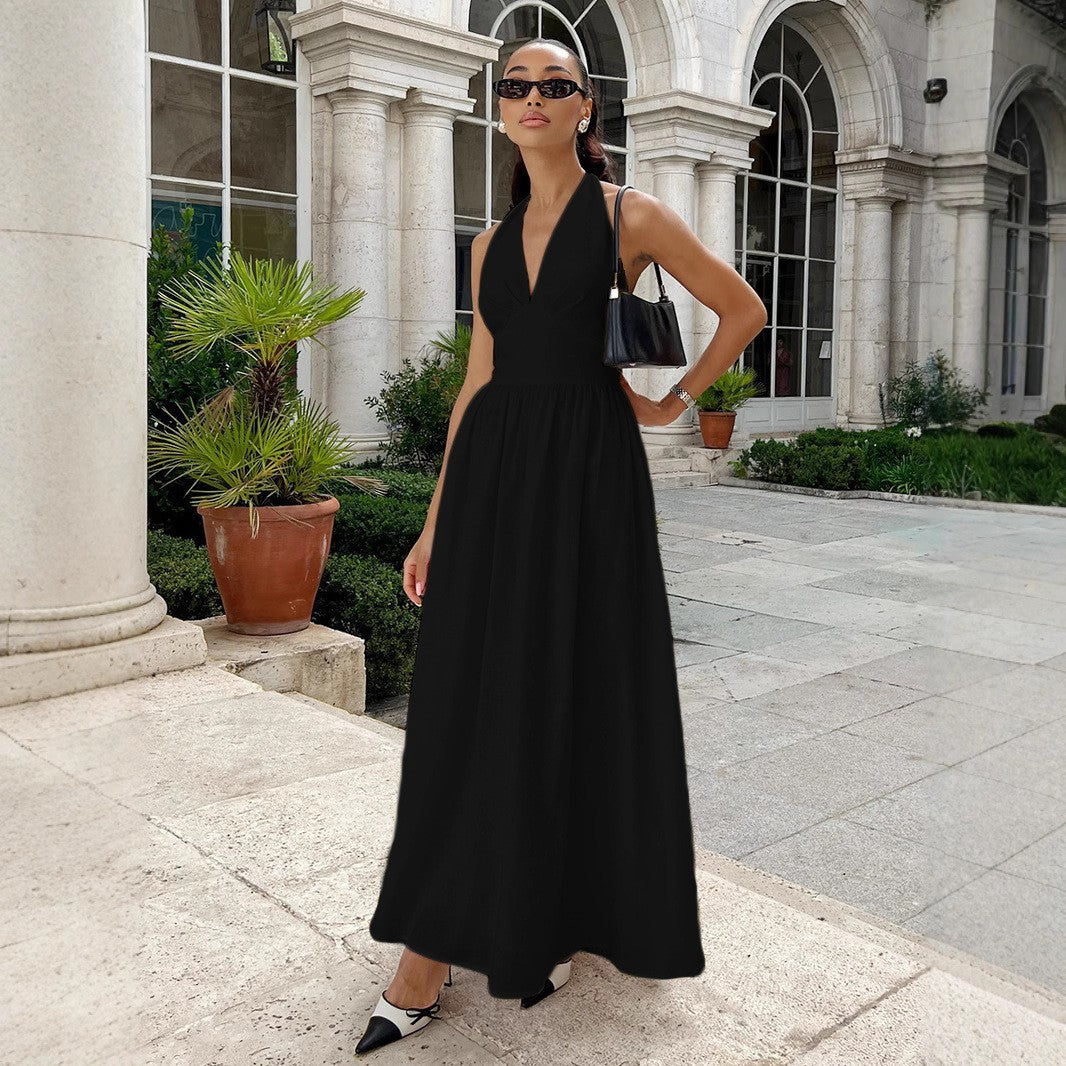 Women Spring Summer Solid v-neck Backless Lace Dress 6