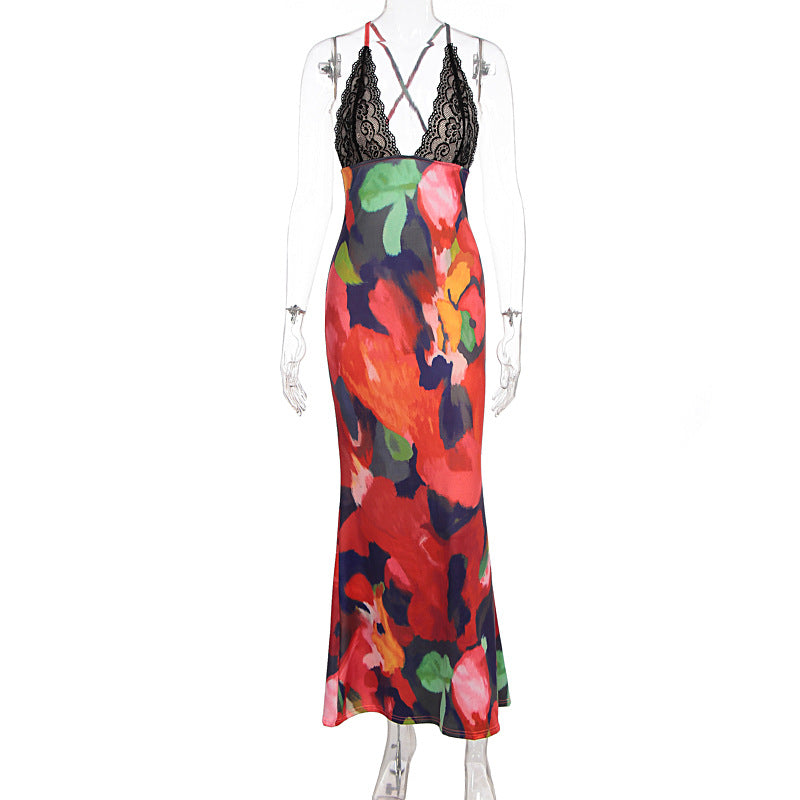 Women Summer Sexy V-Neck Printed Sleeveless Strap Dress 7