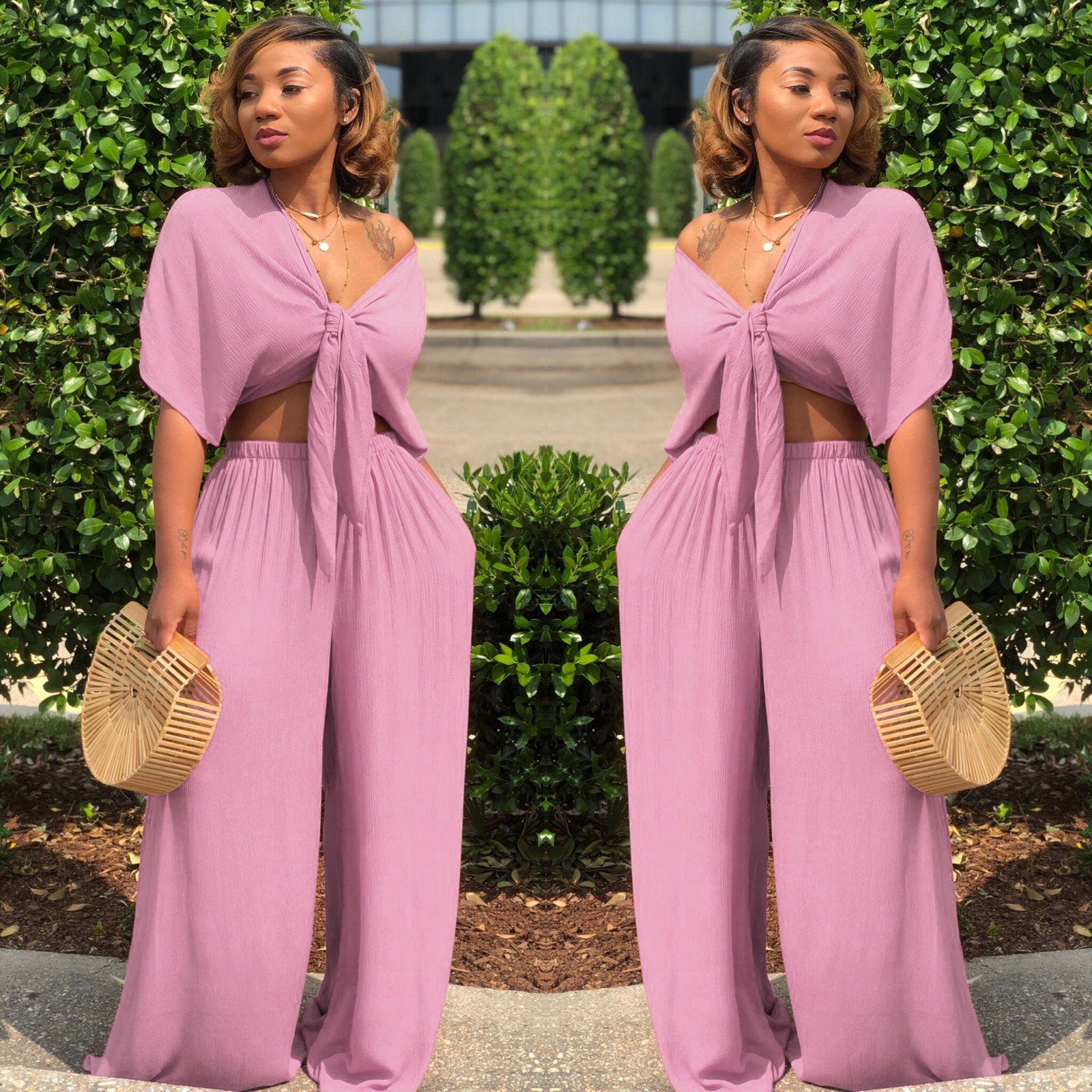 Women's Deep V Lace-Up Top Wide-Leg Pants Set 7