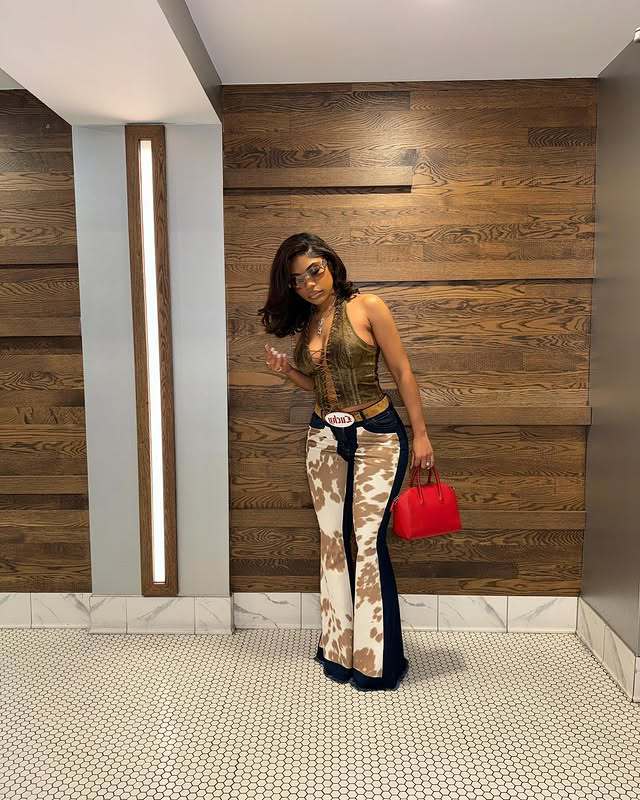 Printed Denim Trousers Fashionable Patchwork Bell Bottom Pants 5