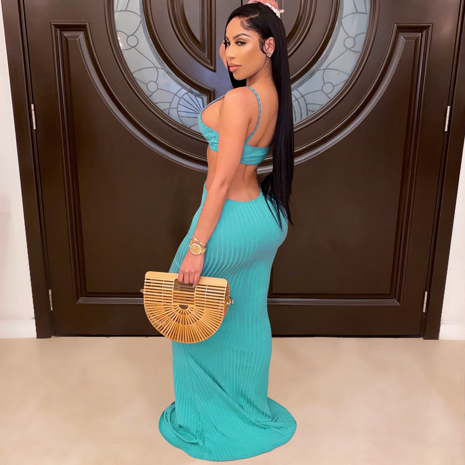 Sexy Knitted Strap Solid Color Dress for Women 21