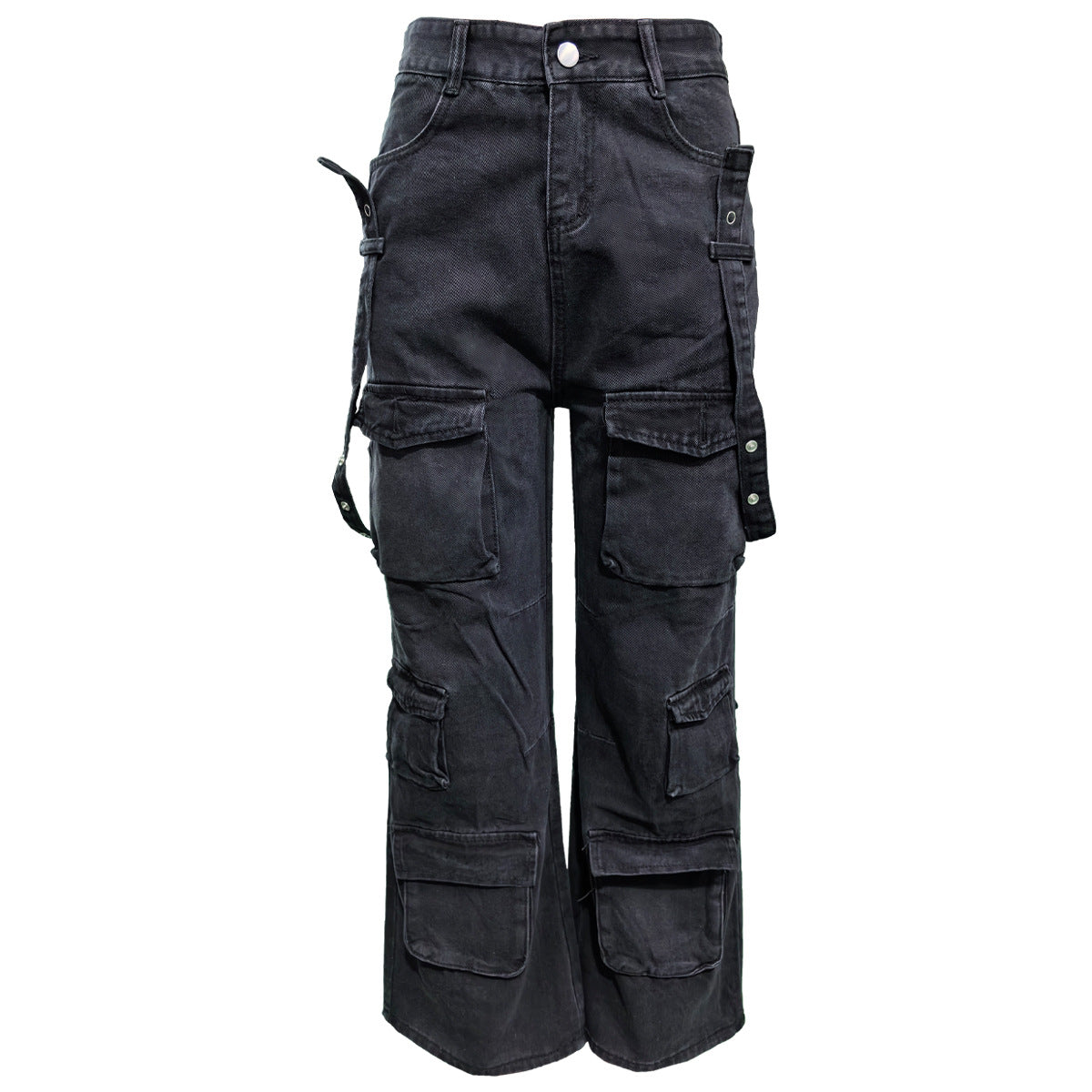 Women Washed Cargo Pocket Denim Straight Leg Pants 5