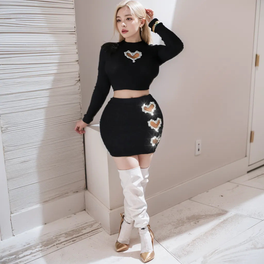 Rhinestone Heart Hollow Crop T-Shirt Short Skirt Fashion Casual Two Piece Set For Women 25