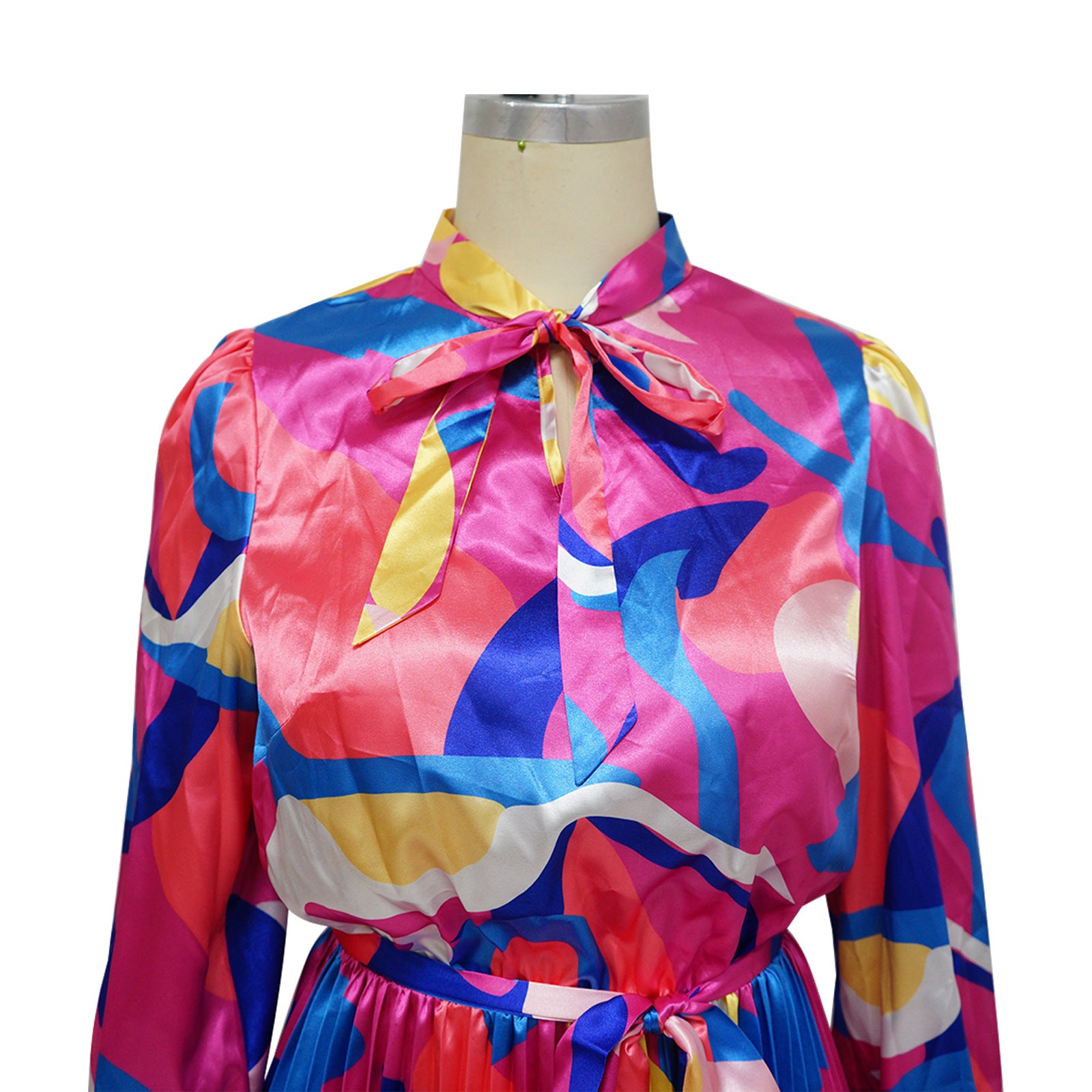 Women's Tie Long Sleeve Printed Pleated Dress 9