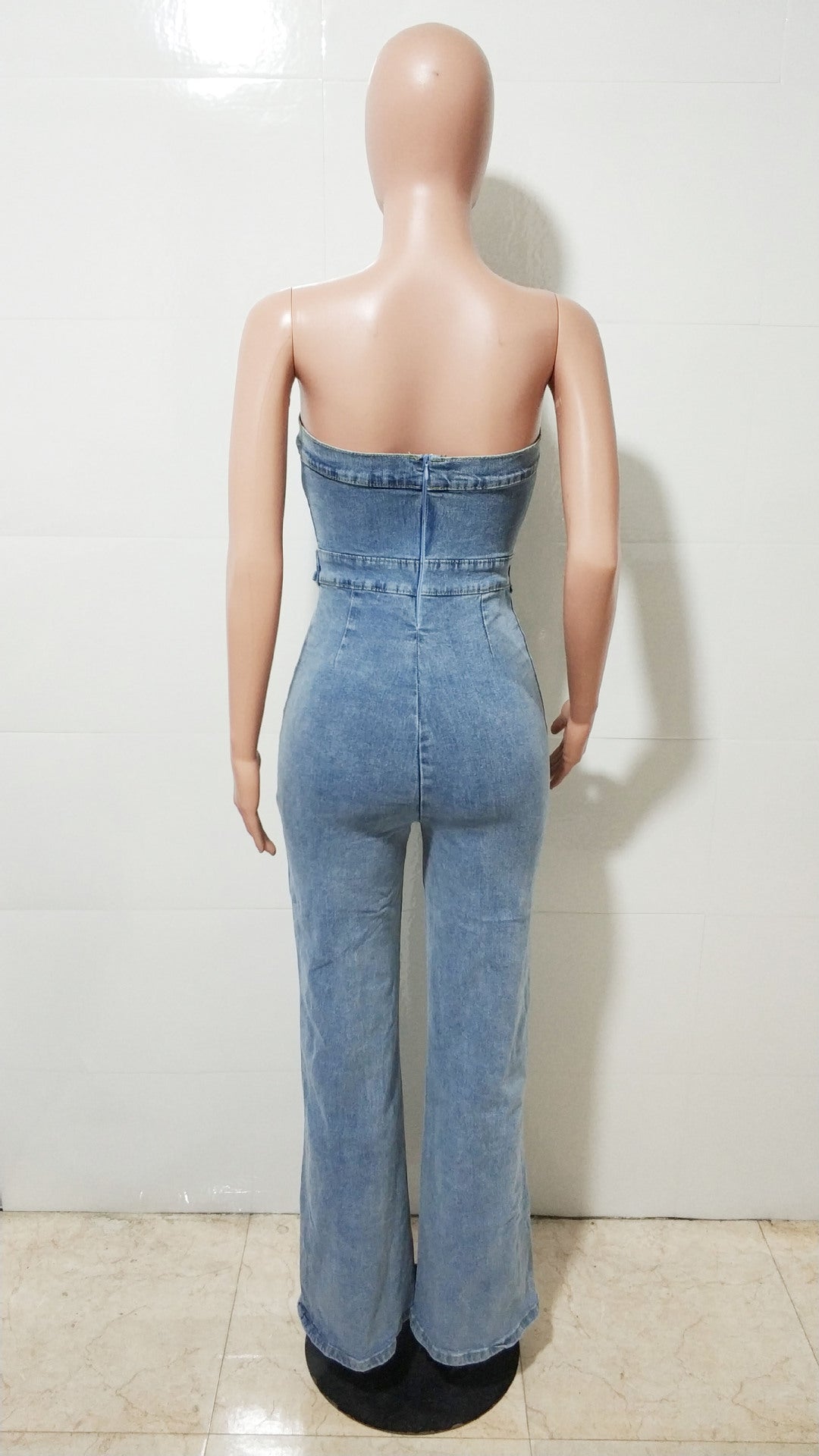 Women's Strapless Slim Waist Elastic Washed Denim Wide-Leg Jumpsuit 7