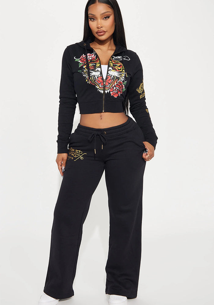 Women street casual print zipper hooded Print Top and Pants two-piece set