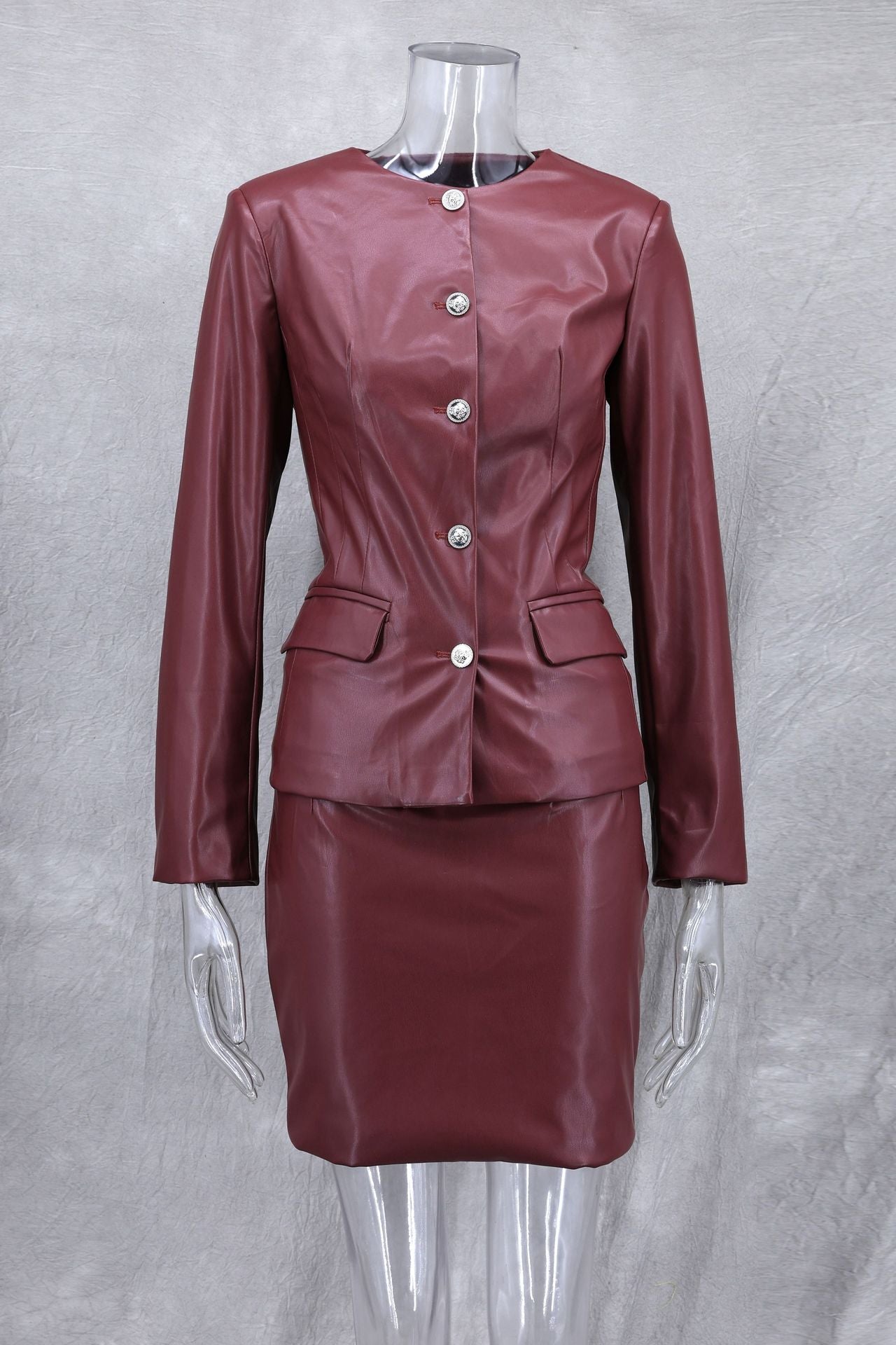 Autumn Winter Slim Fit Chic Leather Jacket Skirt Suit 8